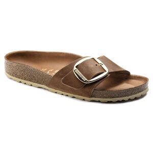 Birkenstock Tan Leather Slides with Gold Buckle